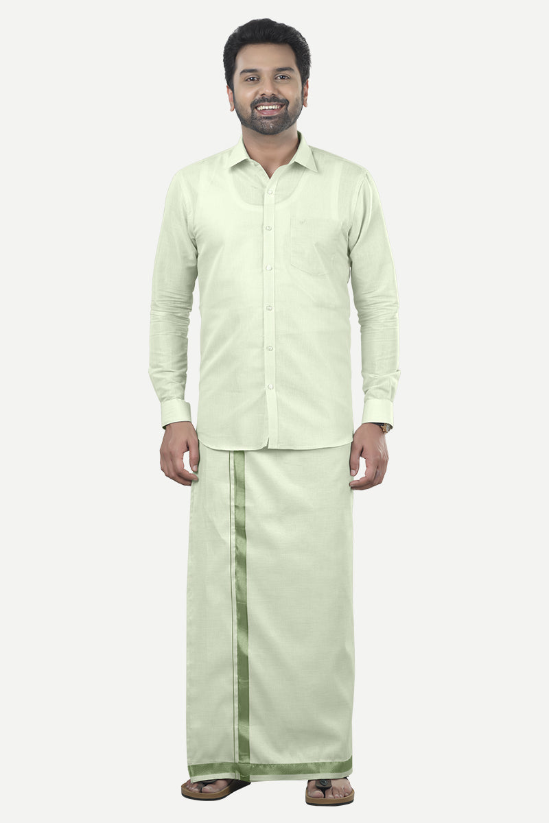 Vaibhav - Moss Green Shirt and Jari Single Dhoti Tissue Set 2 In 1 For Men | Uathayam