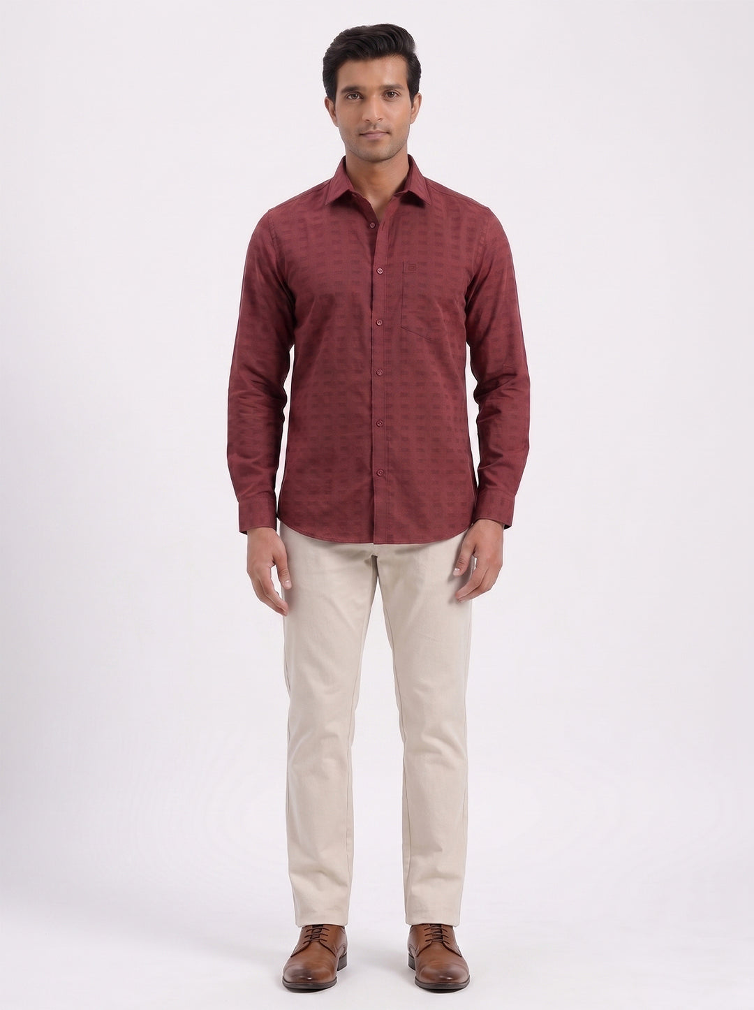 Deep Brick Red Shirt with Cream White Trouser Combo For Men