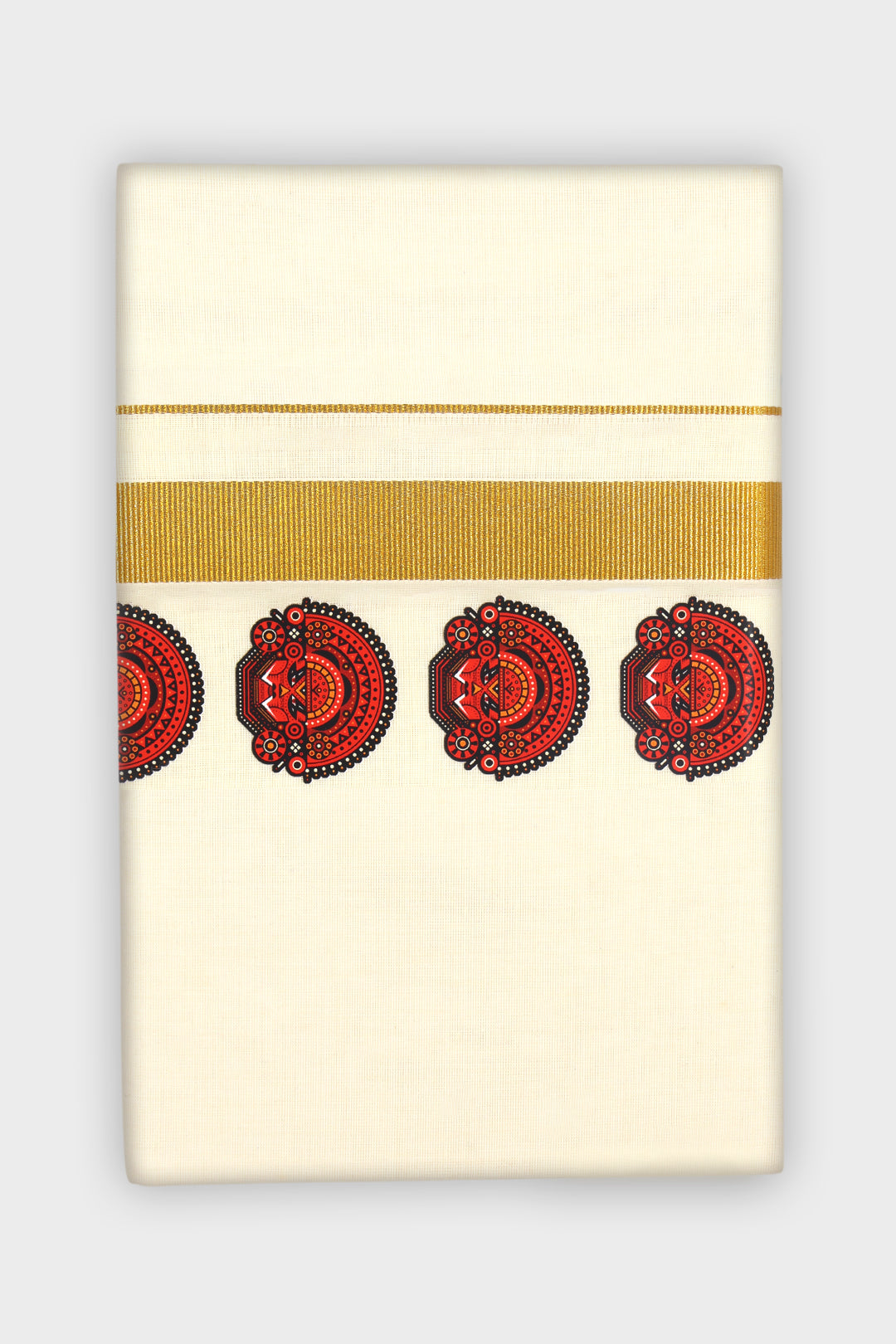 Vamana Korra - Double Layered Dhoti Korra With Golden Jari Borders (Theyyam Art Design) | Uathayam