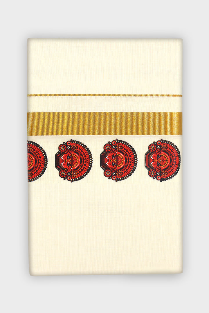 Vamana Korra - Double Layered Dhoti Korra With Golden Jari Borders (Theyyam Art Design) | Uathayam