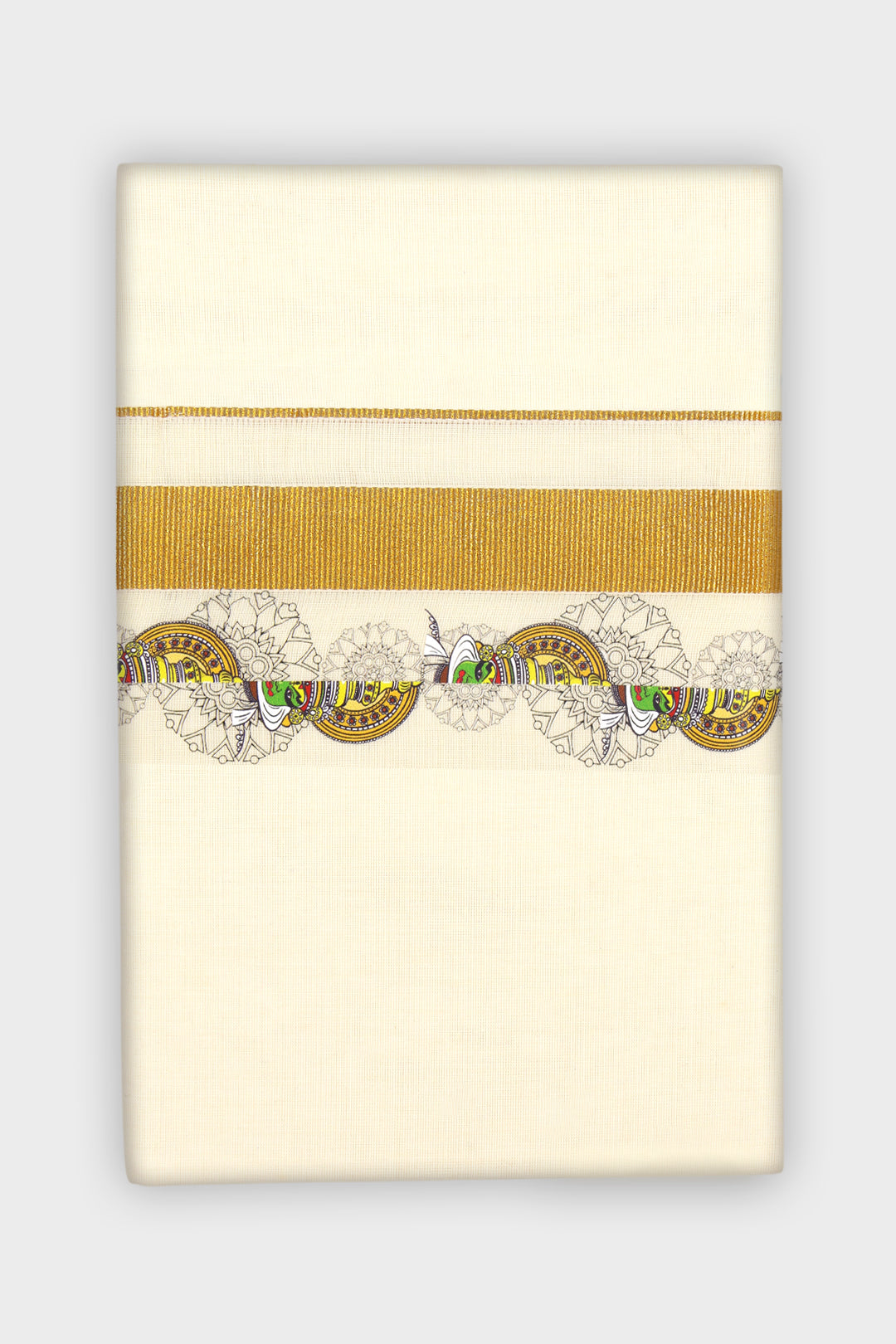 An off-white or cream-colored fabric item, decorative textile, featuring a wide horizontal gold stripe and a detailed horizontal band of gold, silver, and green floral and scroll motifs near the bottom.