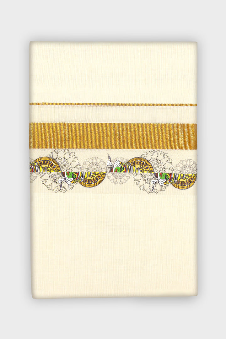 An off-white or cream-colored fabric item, decorative textile, featuring a wide horizontal gold stripe and a detailed horizontal band of gold, silver, and green floral and scroll motifs near the bottom.