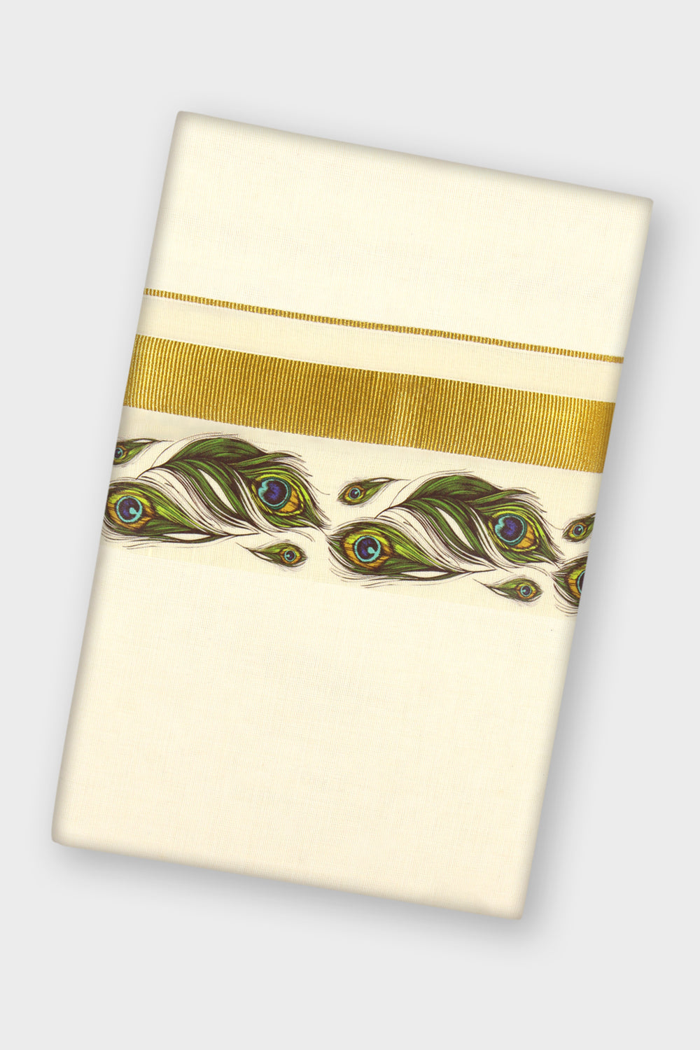 An off-white or cream-colored fabric and a printed border of peacock feathers with blue and green eyes, shown on a light gray background.