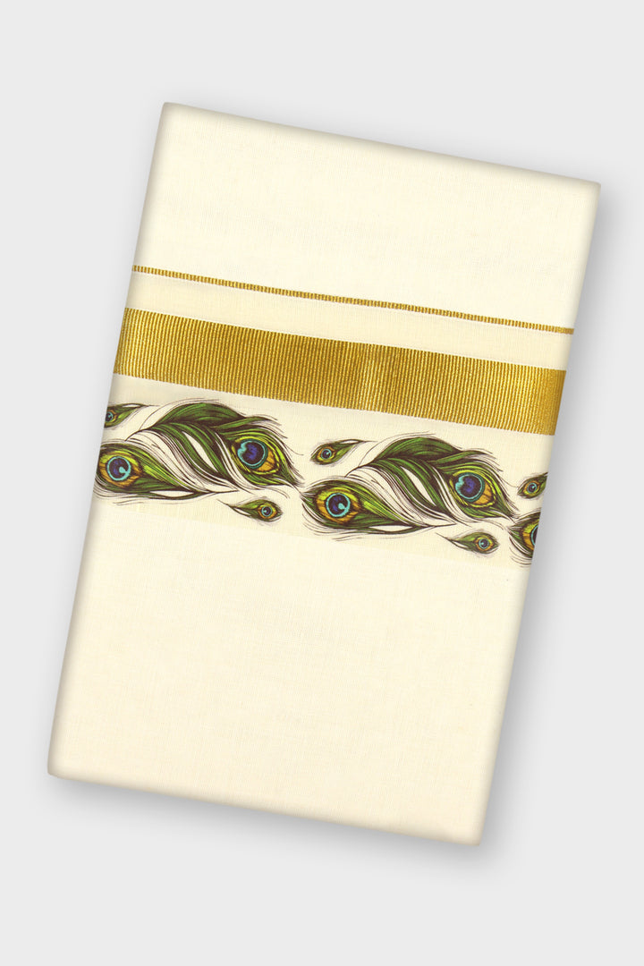 An off-white or cream-colored fabric and a printed border of peacock feathers with blue and green eyes, shown on a light gray background.