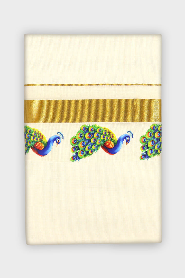 Vamana Korra - Double Layered Dhoti Korra With Golden Jari Borders (Peacock design) | Uathayam