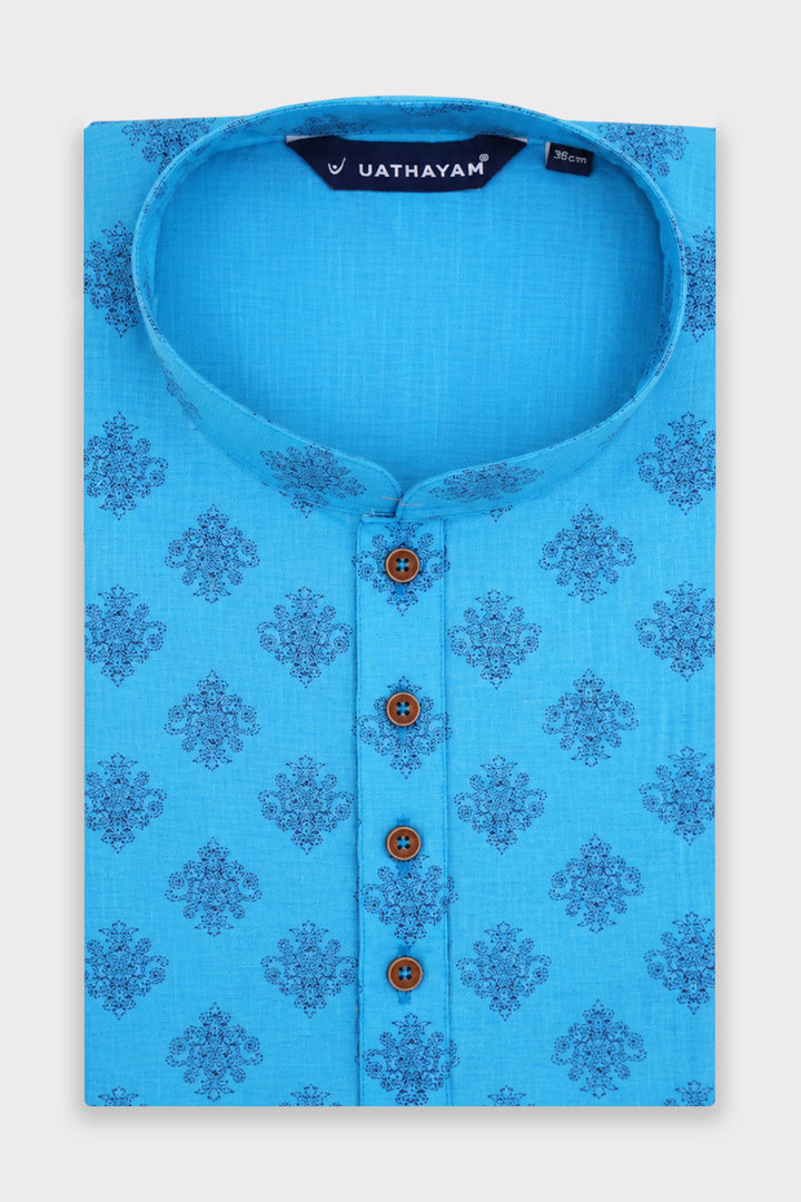 Men's Exotic Printed Ocean Blue Long Kurta