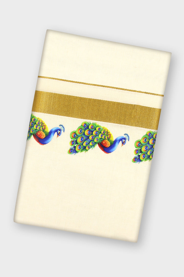 Vamana Korra - Double Layered Dhoti Korra With Golden Jari Borders (Peacock design) | Uathayam