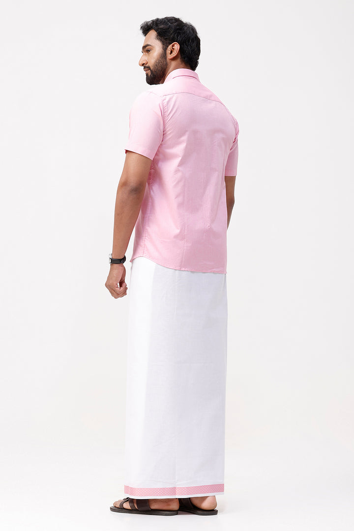 Pixel Grand - Pink Matching Shirt And Single Layered Jacquard Fancy Border Dhoti Set For Men | Uathayam