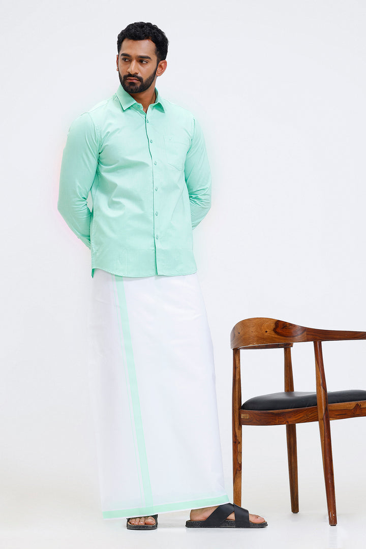 Uathayam Pixel men bright green shirt and single layer dhoti set