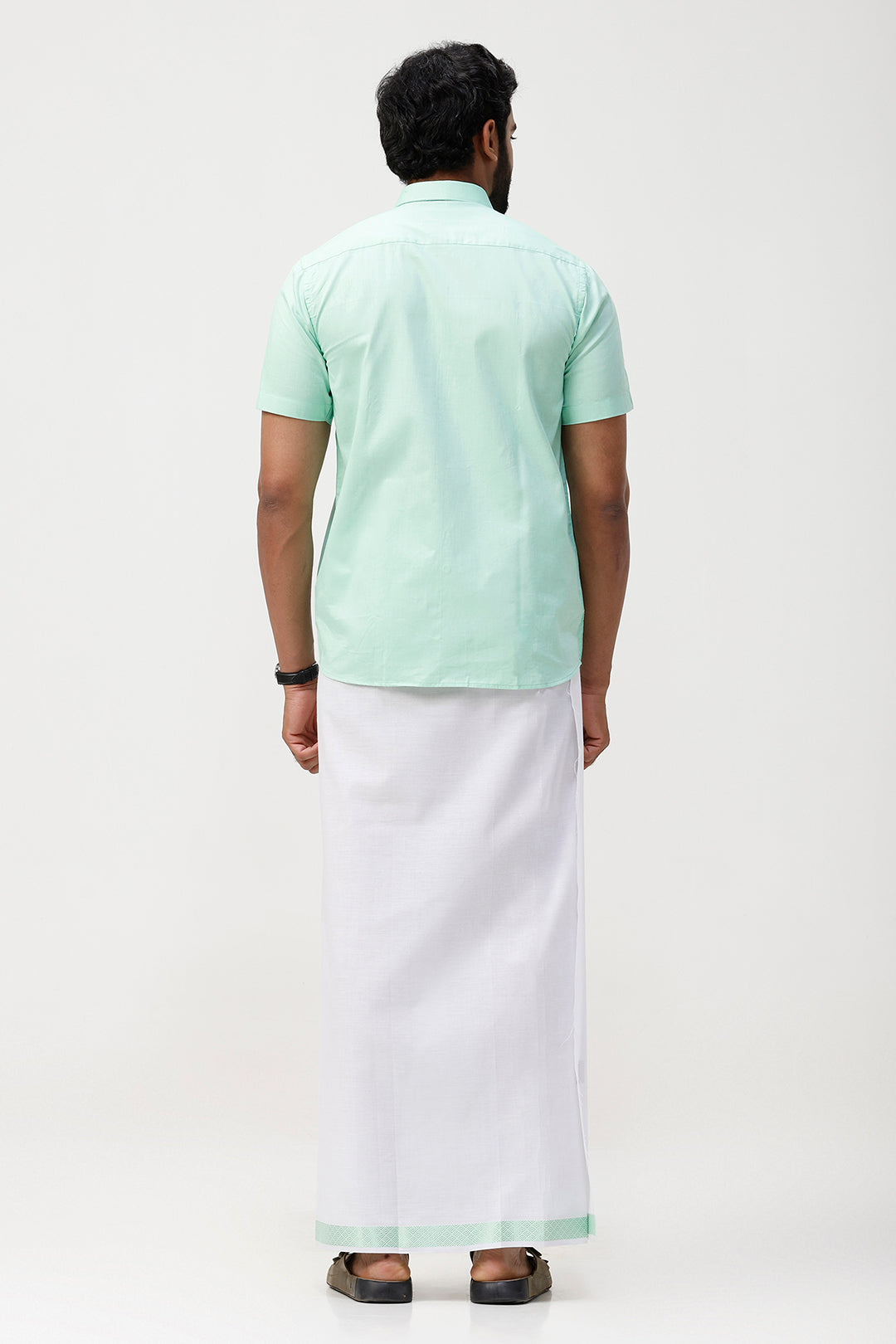 Pixel Grand - Bright Green Matching Shirt And Single Layered Jacquard Fancy Border Dhoti Set For Men | Uathayam