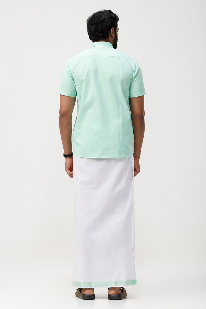 Pixel Grand - Bright Green Matching Shirt And Single Layered Jacquard Fancy Border Dhoti Set For Men | Uathayam