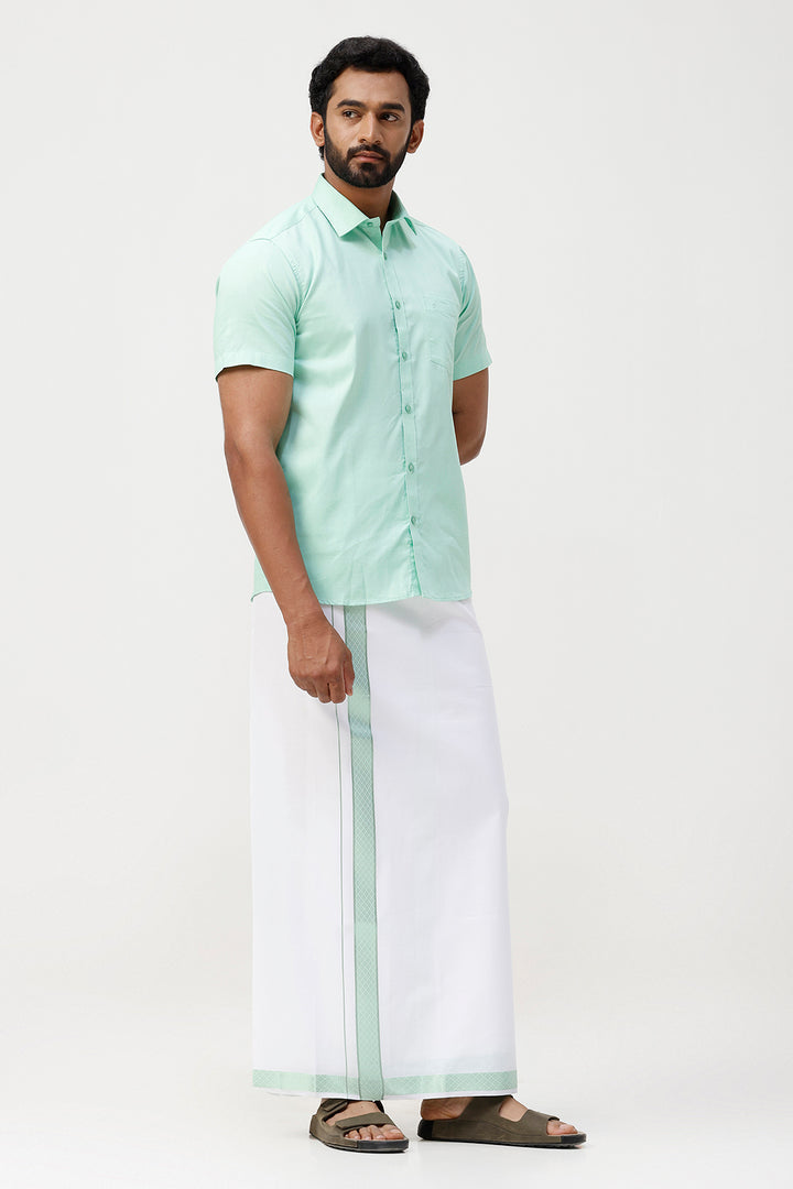 Pixel Grand - Bright Green Matching Shirt And Single Layered Jacquard Fancy Border Dhoti Set For Men | Uathayam