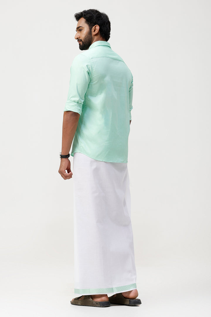 Pixel Grand - Bright Green Matching Shirt And Single Layered Jacquard Fancy Border Dhoti Set For Men | Uathayam