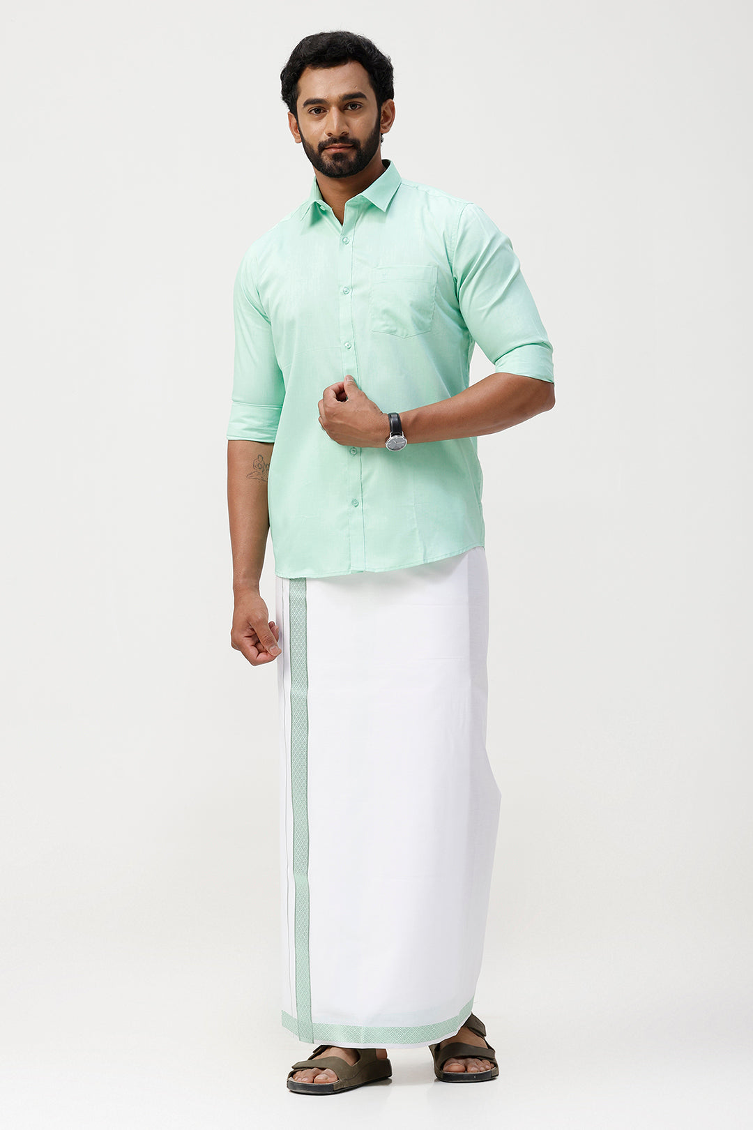 Pixel Grand - Bright Green Matching Shirt And Single Layered Jacquard Fancy Border Dhoti Set For Men | Uathayam