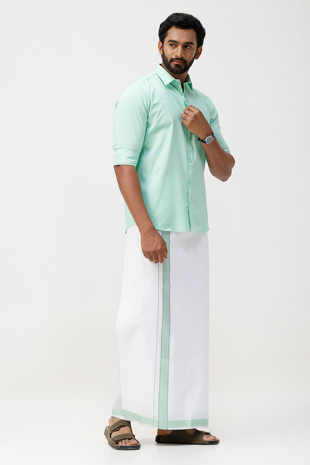 Pixel Grand - Bright Green Matching Shirt And Single Layered Jacquard Fancy Border Dhoti Set For Men | Uathayam