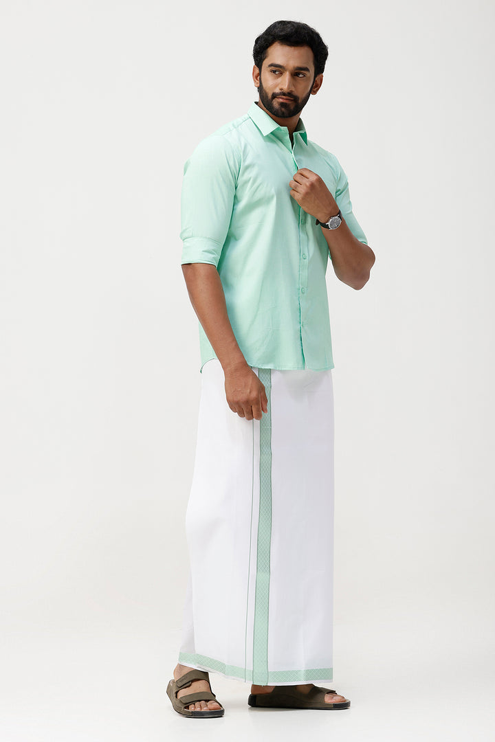 Pixel Grand - Bright Green Matching Shirt And Single Layered Jacquard Fancy Border Dhoti Set For Men | Uathayam