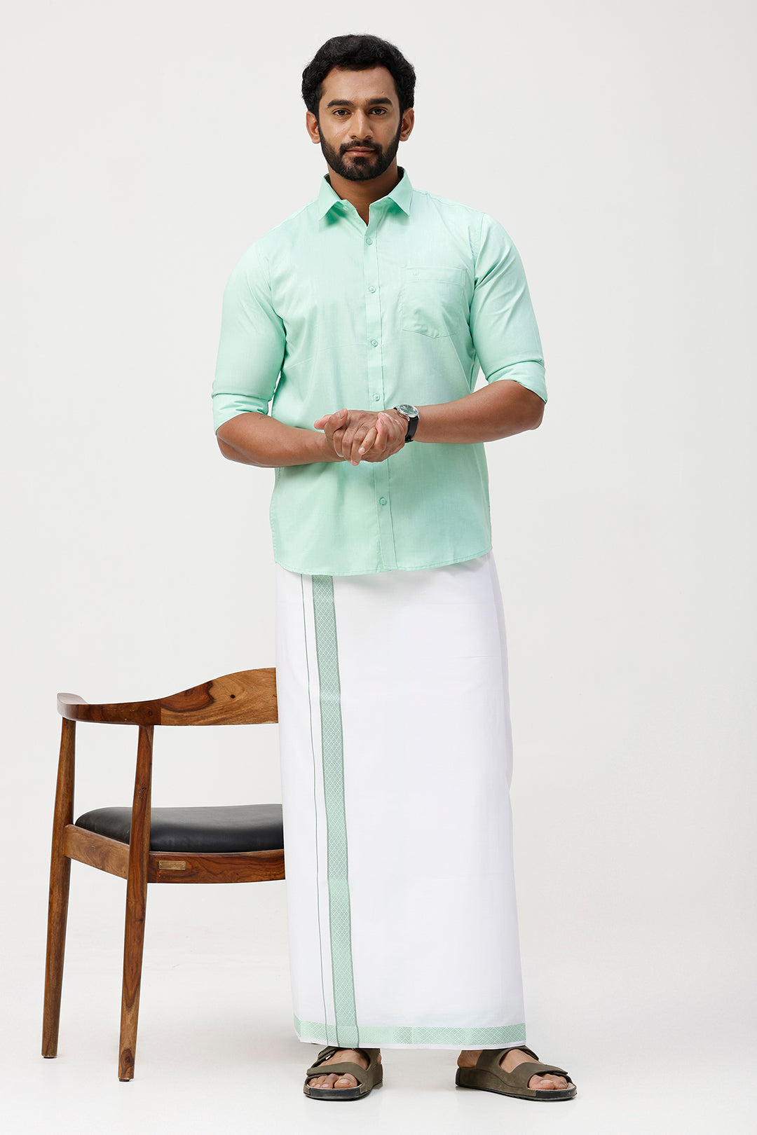 Pixel Grand - Bright Green Matching Shirt And Single Layered Jacquard Fancy Border Dhoti Set For Men | Uathayam