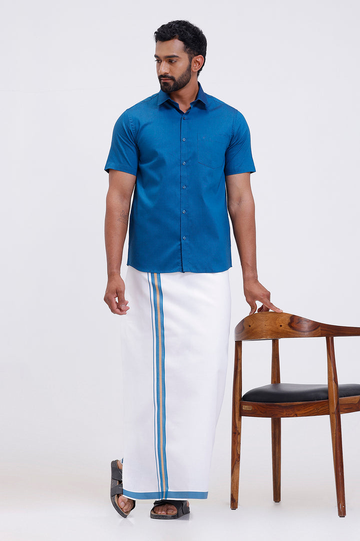 Pixel navy blue matching shirt paired with double design dhoti for men