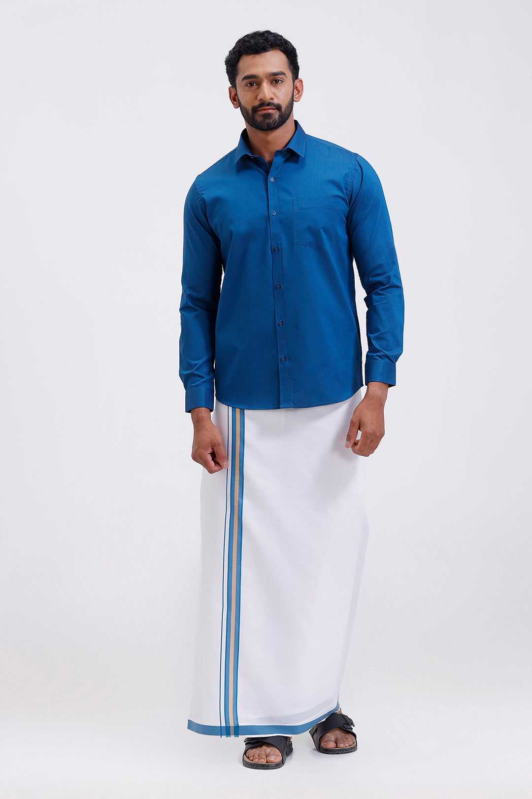 South Indian traditional wear navy blue shirt and fancy border dhoti