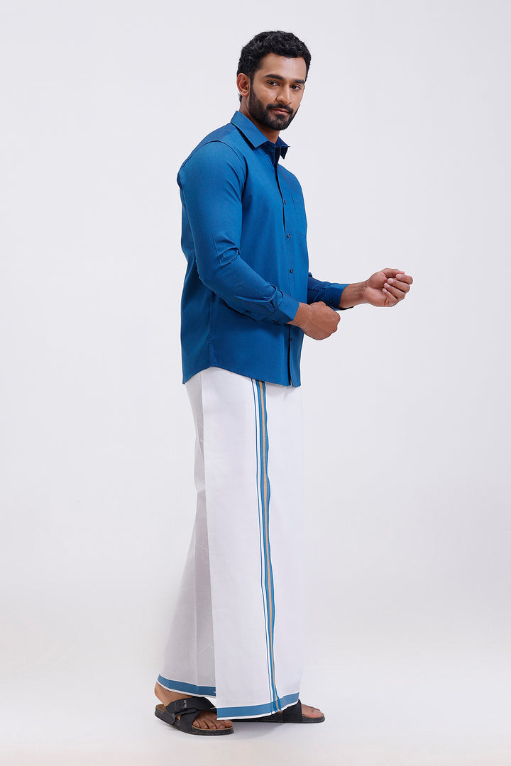 Uathayam Pixel men navy blue shirt and single layer dhoti set