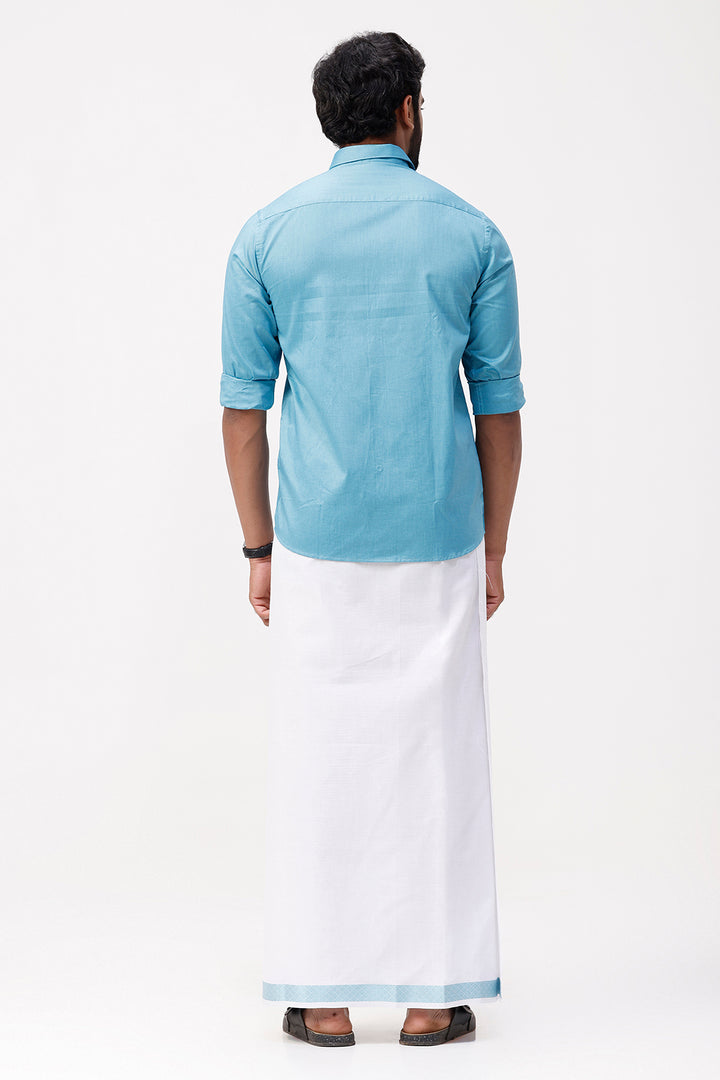 Pixel Grand -Ramar Blue Matching Shirt And Single Layered Jacquard Fancy Border Dhoti Set For Men | Uathayam