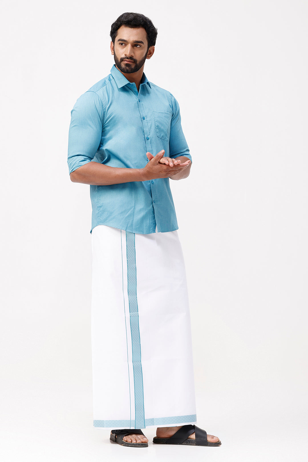 Pixel Grand -Ramar Blue Matching Shirt And Single Layered Jacquard Fancy Border Dhoti Set For Men | Uathayam