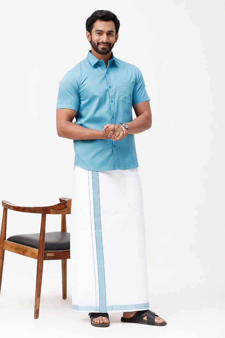 Pixel Grand -Ramar Blue Matching Shirt And Single Layered Jacquard Fancy Border Dhoti Set For Men | Uathayam