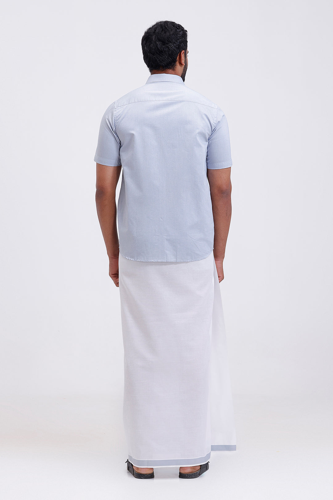 Pixel - Silver Gray Matching Shirt and Double Design Single Layered Fancy Border Dhoti Set For Men | Uathayam