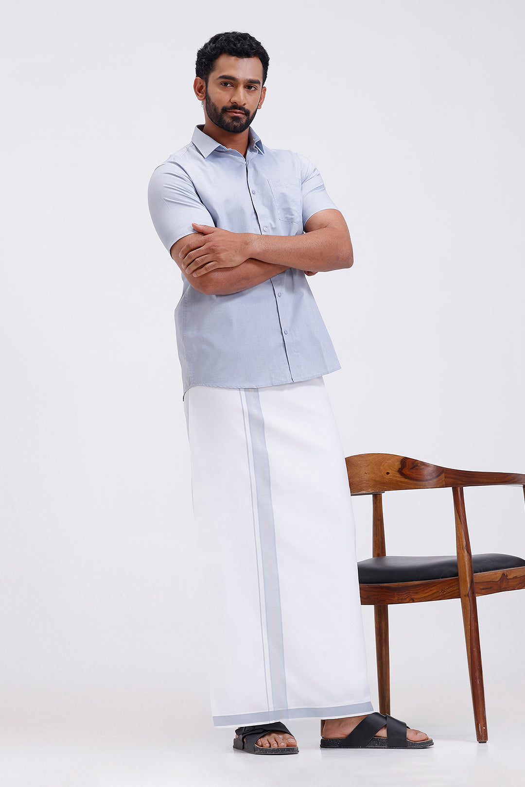 Traditional men silver gray shirt and fancy border dhoti set by Uathayam