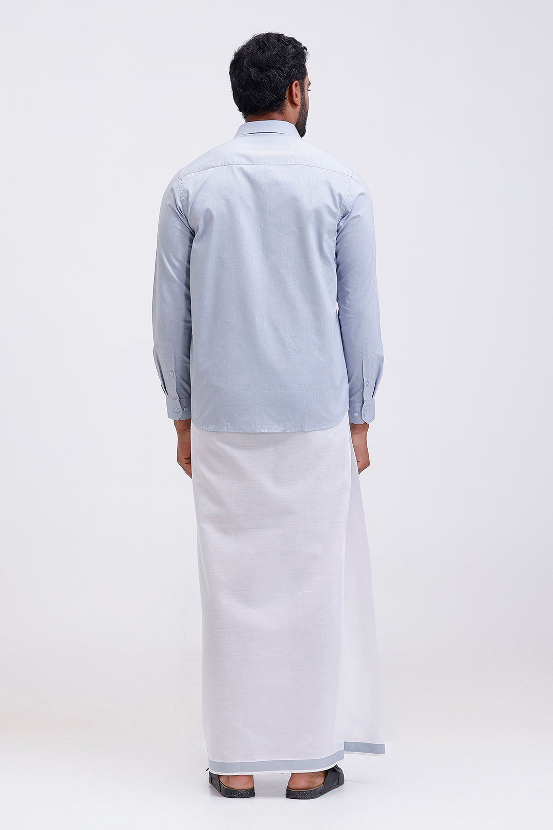 Uathayam Pixel men silver gray shirt and single layer dhoti set