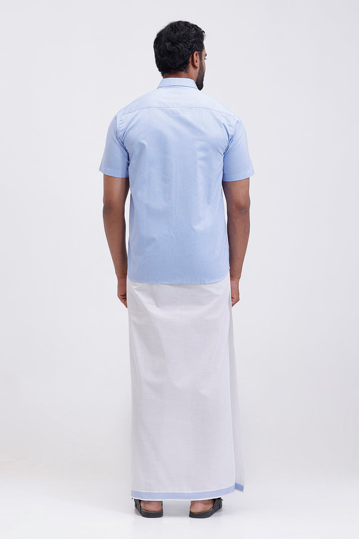 Festive wear men pastel blue shirt with double design border dhoti