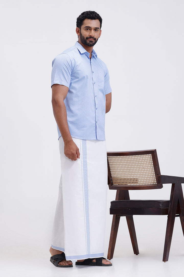 Pixel pastel blue matching shirt paired with fancy border dhoti for men