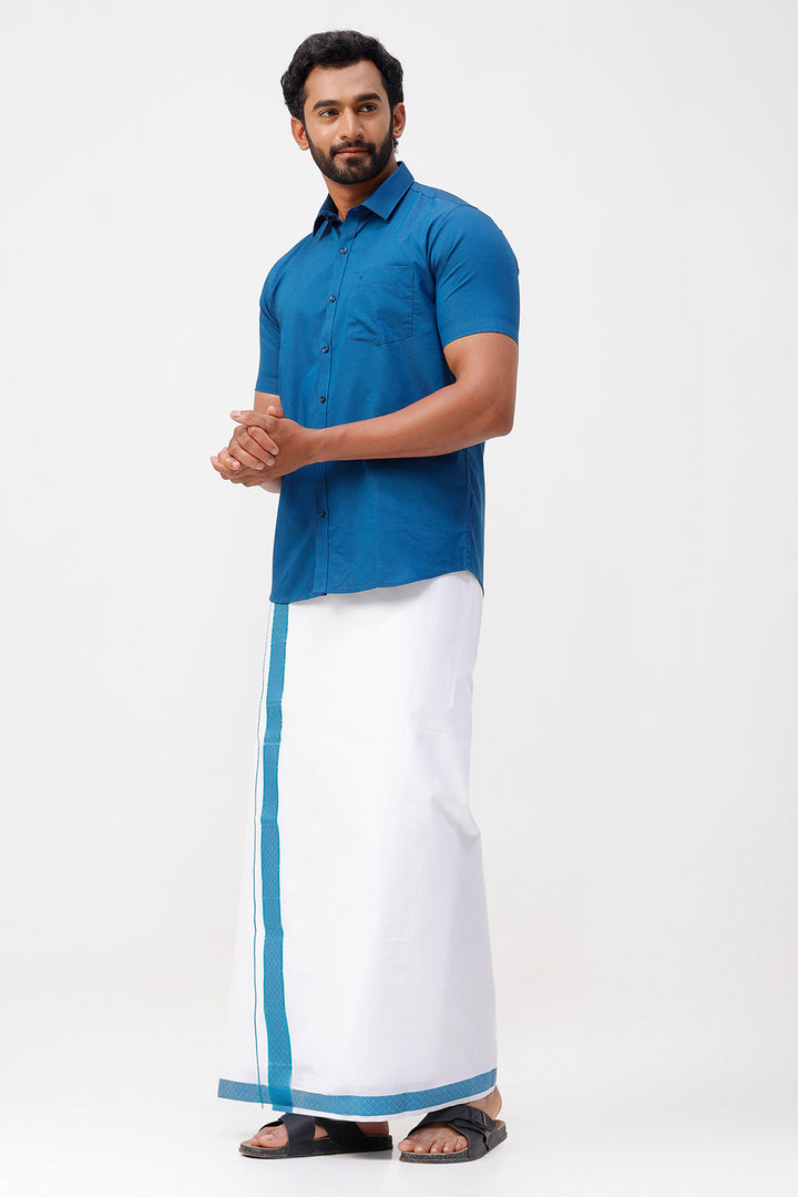 Pixel Grand -Navy Blue Matching Shirt And Single Layered Jacquard Fancy Border Dhoti Set For Men | Uathayam