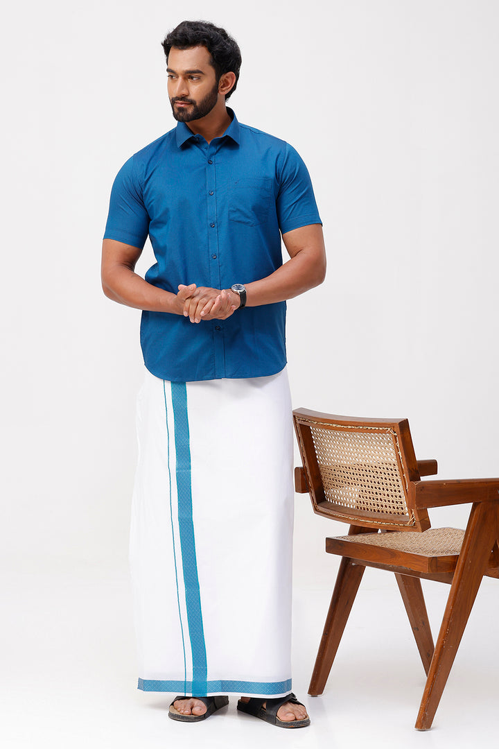 Pixel Grand -Navy Blue Matching Shirt And Single Layered Jacquard Fancy Border Dhoti Set For Men | Uathayam