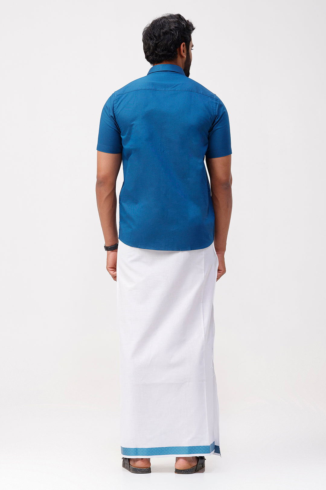 Pixel Grand -Navy Blue Matching Shirt And Single Layered Jacquard Fancy Border Dhoti Set For Men | Uathayam