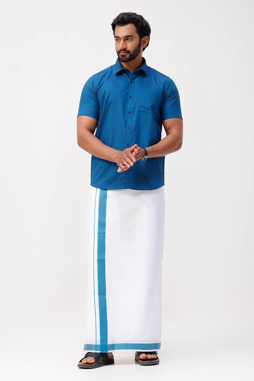 Pixel Grand -Navy Blue Matching Shirt And Single Layered Jacquard Fancy Border Dhoti Set For Men | Uathayam