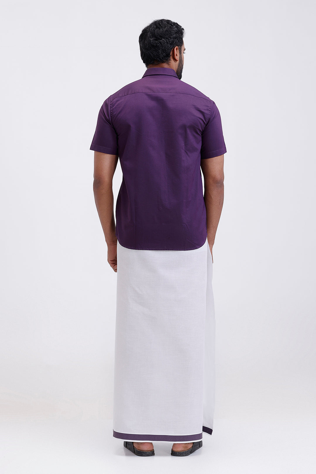 Pixel dark violet matching shirt paired with double design dhoti for men