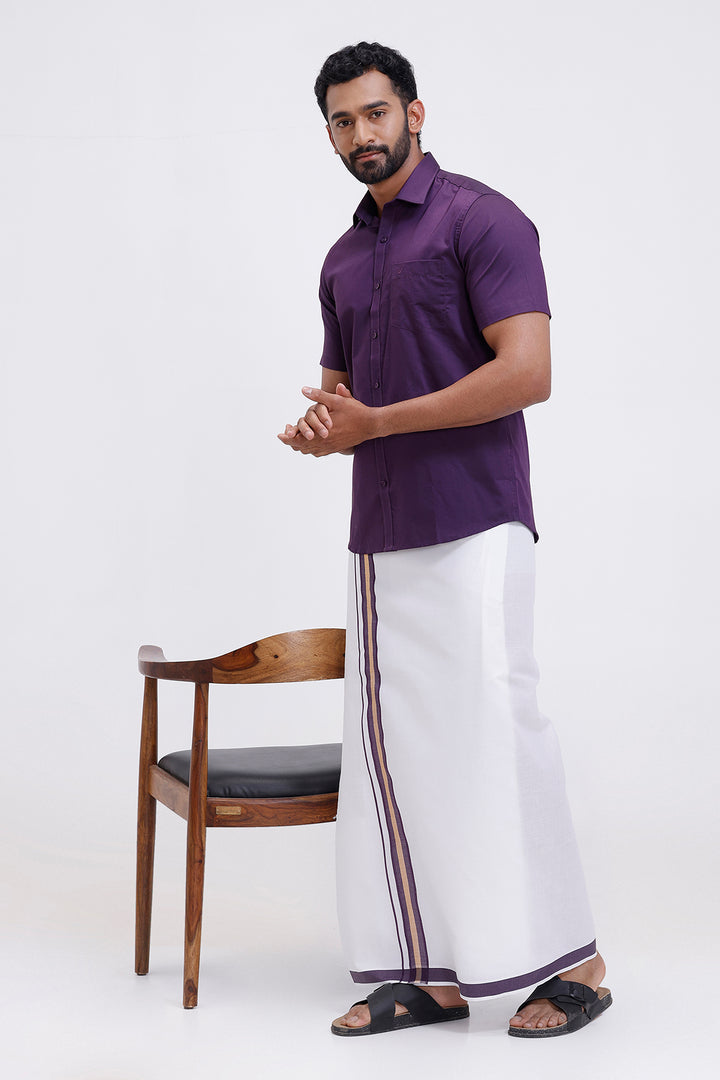 Traditional men dark violet shirt and fancy border dhoti set by Uathayam