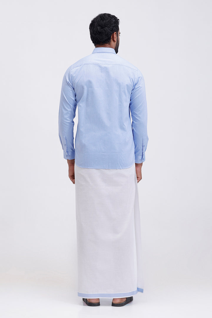 Uathayam Pixel men pastel blue shirt and single layer fancy dhoti set