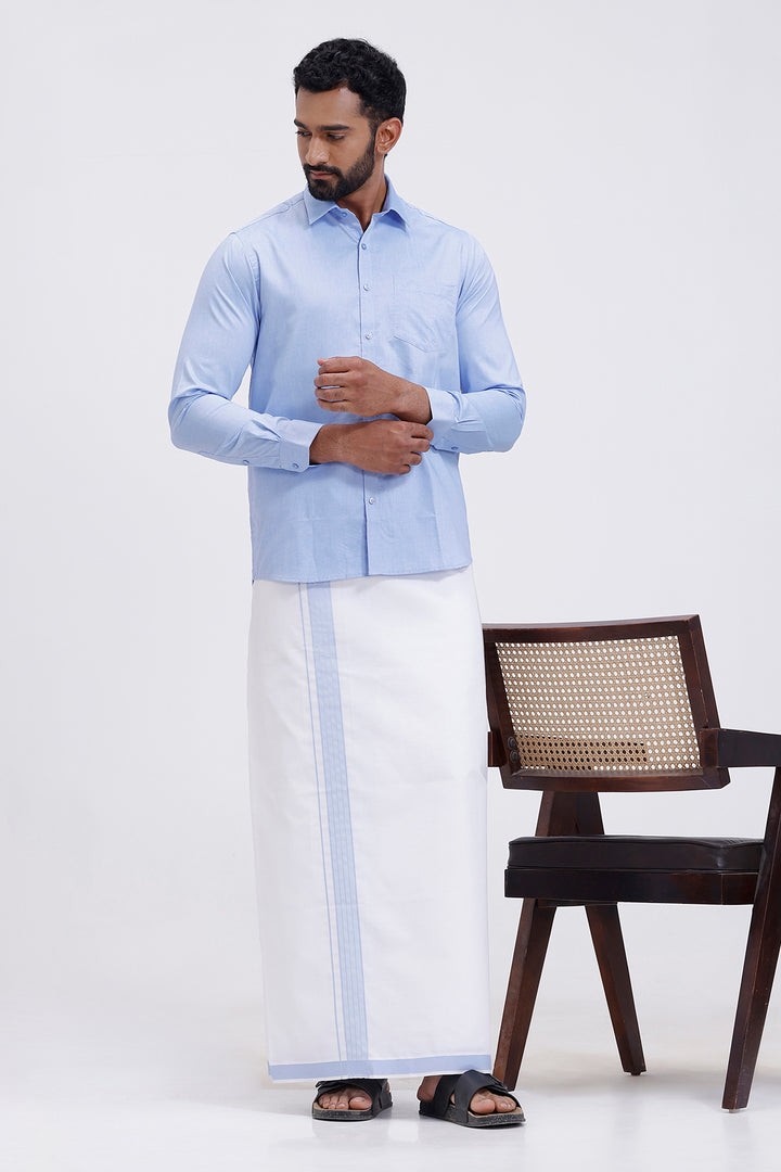 South Indian traditional wear pastel blue shirt and double border dhoti