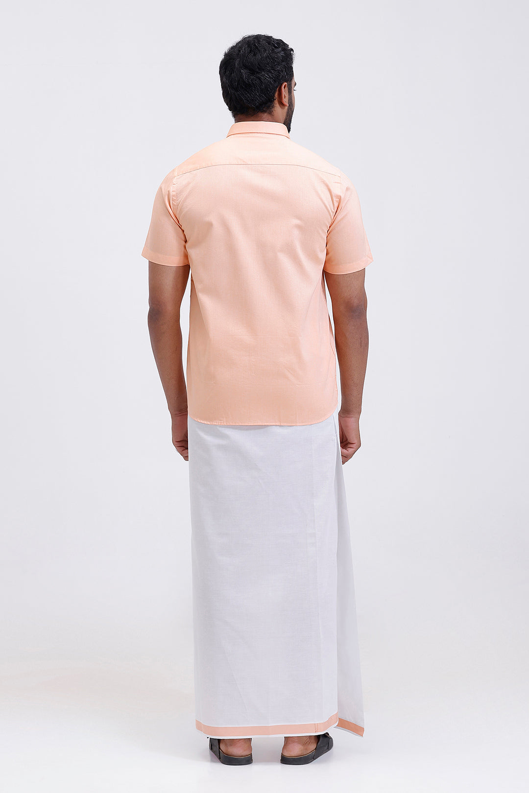 Uathayam Pixel men orange shirt and single layer dhoti set