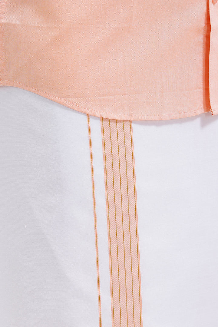 Uathayam Pixel orange shirt and single layered fancy border dhoti set