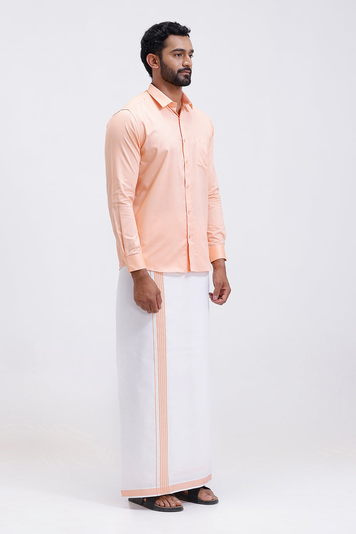 Traditional men orange shirt and fancy border dhoti set by Uathayam