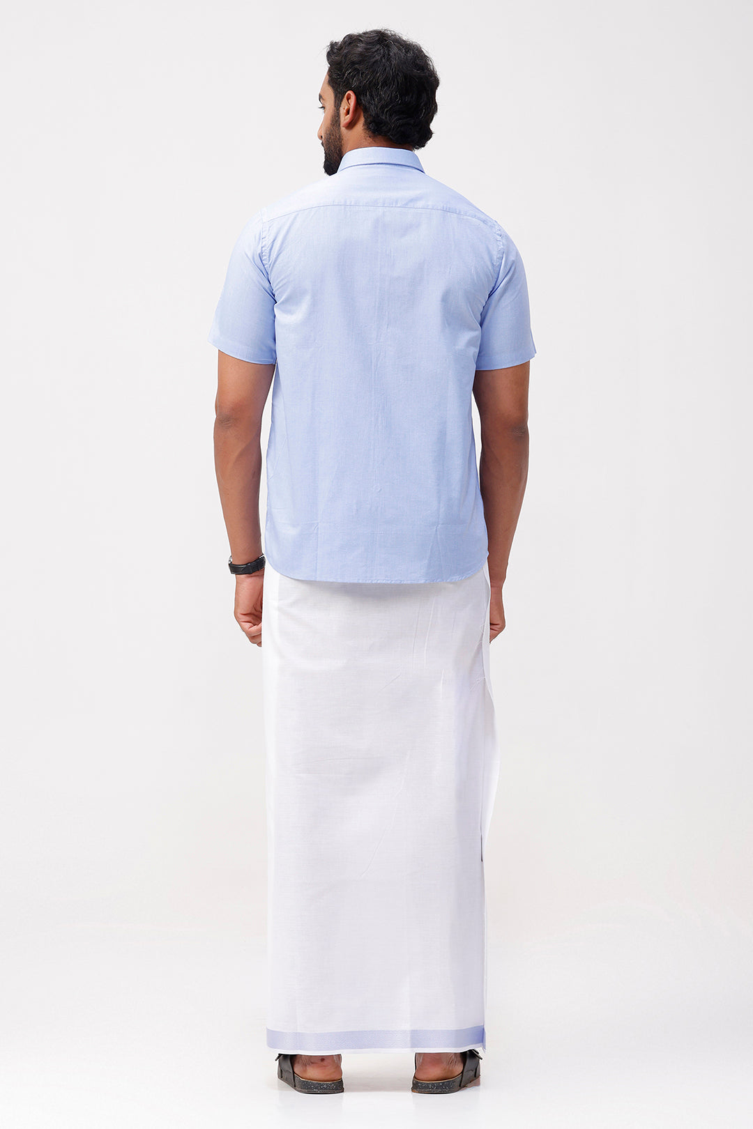 Pixel Grand - Pastel Blue Matching Shirt And Single Layered Jacquard Fancy Border Dhoti Set For Men | Uathayam
