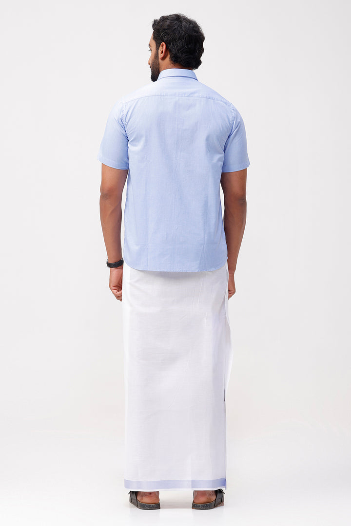 Pixel Grand - Pastel Blue Matching Shirt And Single Layered Jacquard Fancy Border Dhoti Set For Men | Uathayam