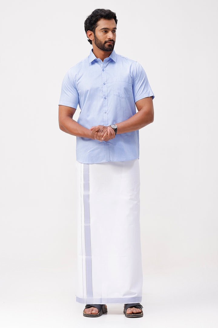 Pixel Grand - Pastel Blue Matching Shirt And Single Layered Jacquard Fancy Border Dhoti Set For Men | Uathayam