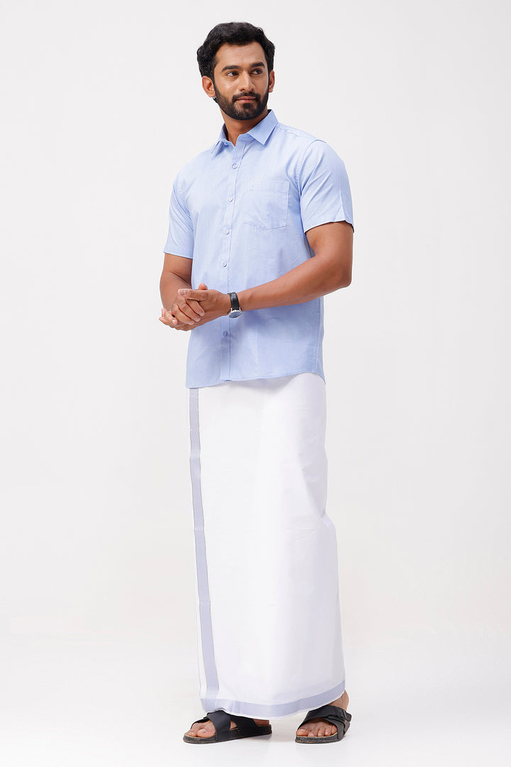 Pixel Grand - Pastel Blue Matching Shirt And Single Layered Jacquard Fancy Border Dhoti Set For Men | Uathayam