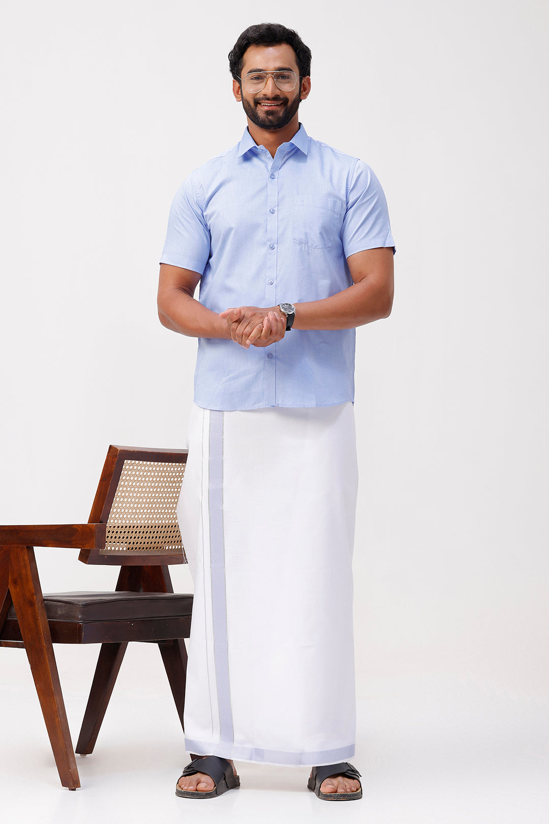 Pixel Grand - Pastel Blue Matching Shirt And Single Layered Jacquard Fancy Border Dhoti Set For Men | Uathayam