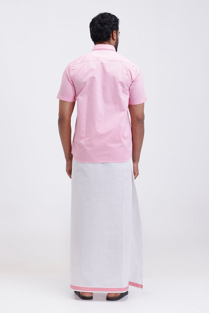 Uathayam Pixel men pink shirt and single layer dhoti set
