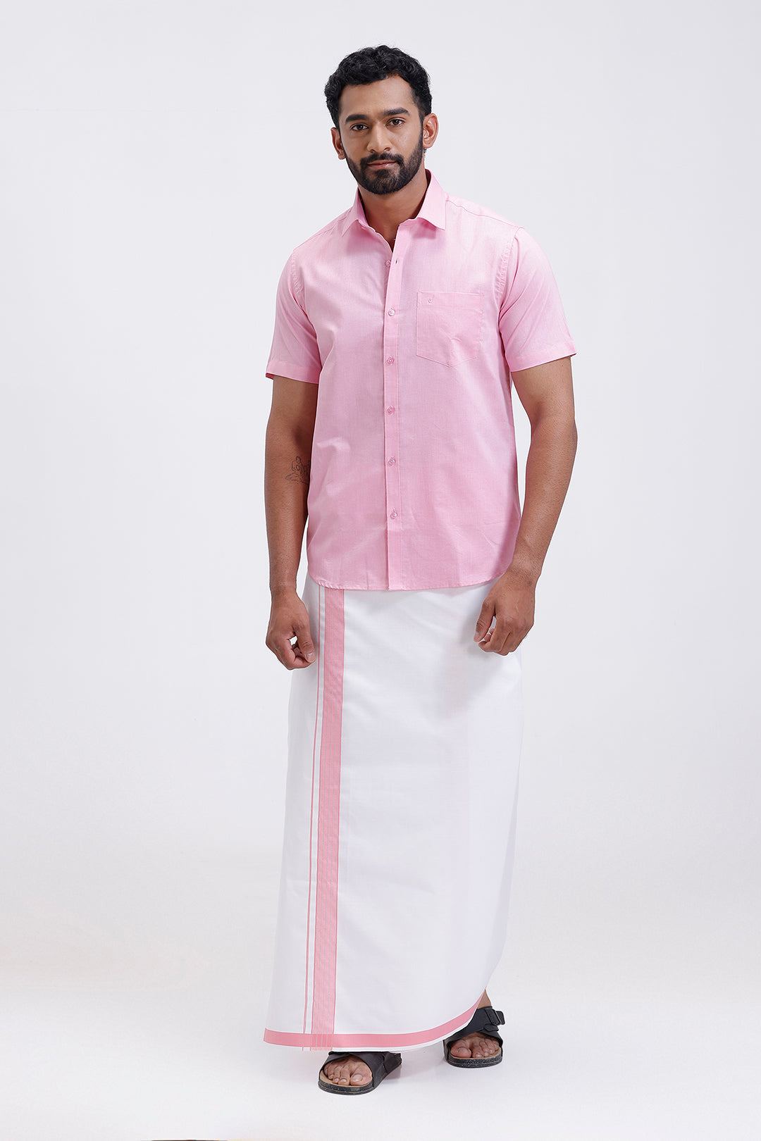 Festive wear men pink shirt with double design fancy dhoti